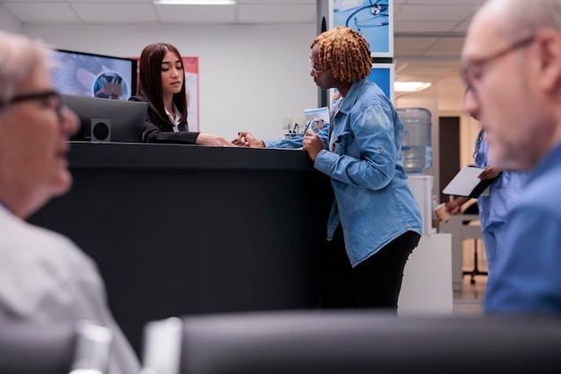 A modern bank interior in France, showcasing diverse customers interacting with bank employees at counters and digital kiosks, with visible security cameras and informational displays.
