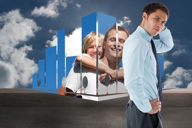 A split image comparing two scenarios: on one side, a family happily moving into a new house, symbolizing low interest rates and easy access to loans; on the other side, a stressed individual surrounded by debt paperwork, symbolizing high interest rates and financial strain.