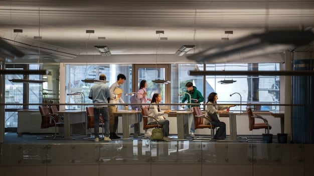 A panoramic shot of a modern co-working space filled with diverse professionals collaborating on projects, with sunlight streaming through large windows, highlighting innovation and teamwork.