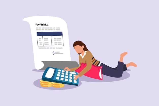 A person using a calculator to estimate their monthly expenses, with bills and financial documents scattered around them.