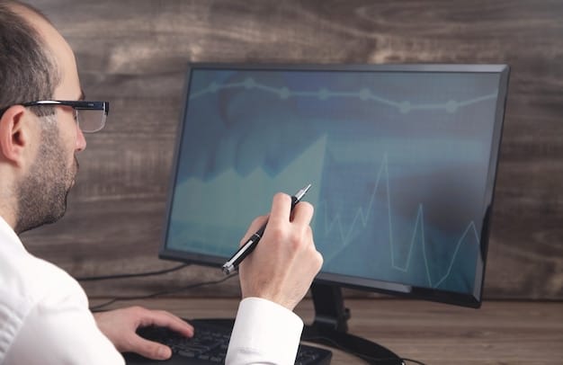 A close-up of an economist analyzing financial data on a computer screen. Graphs, charts, and numbers related to inflation, interest rates, and economic growth are visible on the screen, highlighting the complexity and data-driven nature of economic analysis.