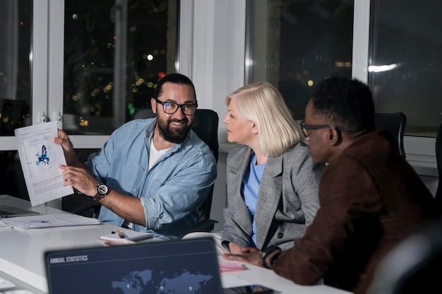 A diverse group of people discussing economic forecasts and investment strategies in a modern office setting. They are collaborating and sharing opinions, indicating a dynamic and interactive approach to financial planning and analysis.
