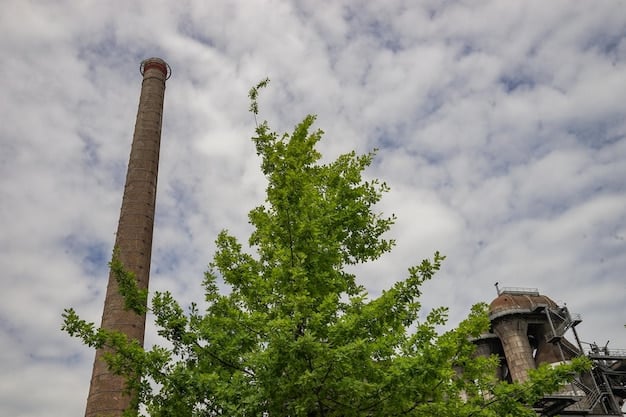 A modern biomass power plant, showing the storage of wood chips and the industrial architecture, with steam rising from the chimneys. The image conveys a sense of sustainable energy production.