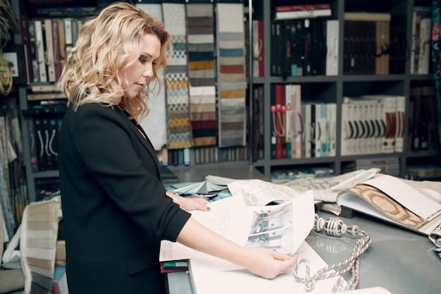 A fashion designer in a bright, modern studio is meticulously inspecting a fabric sample made of recycled materials, with sketches of sustainable clothing designs pinned to the wall and shelves filled with organic yarn spools, reflecting a commitment to eco-conscious practices in a fashion environment.