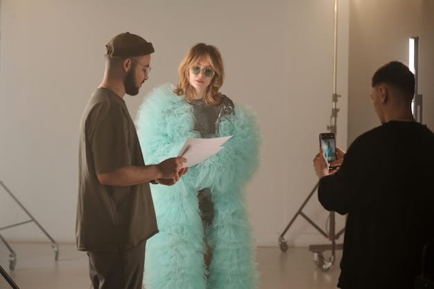A behind-the-scenes shot of a photoshoot for a collaborative fashion collection. The image captures the energy and excitement of the creative process, showing models wearing the unique designs and a team of stylists, photographers, and designers working together.