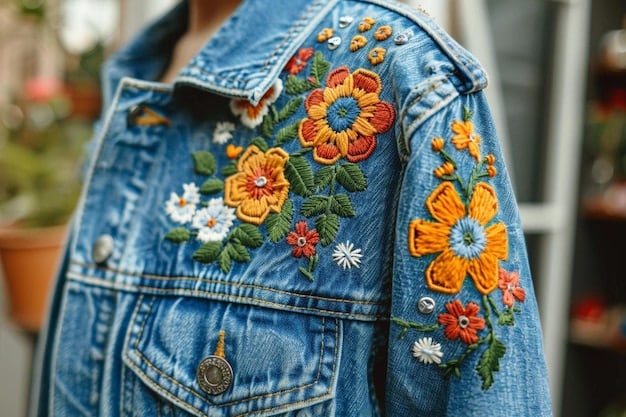 A detailed shot of a denim jacket adorned with various embroidered floral designs in vibrant colors, including roses, daisies, and vines. The jacket is partially buttoned, showcasing the intricate embroidery on the front panels.