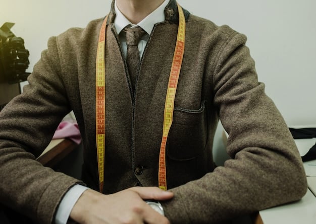 A close-up of a tailor meticulously adjusting the seams of a blazer, emphasizing the importance of tailoring in achieving a perfect fit. The tailor's hands are visible, along with measuring tape and other tailoring tools.