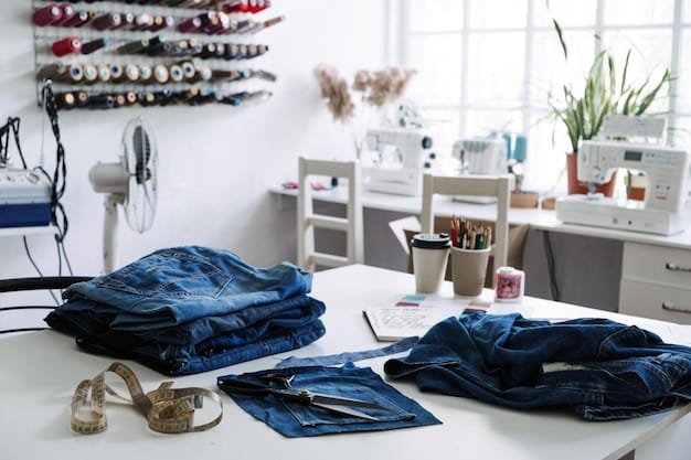 A brightly lit workshop with various upcycled clothing projects in progress, such as denim quilts, reworked shirts, and patched jackets.