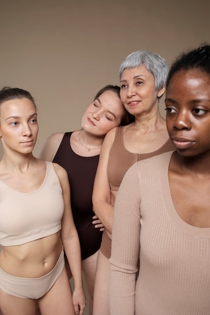 A diverse group of French women of varying ages and body types trying on different styles of clothing at a boutique. Each woman is shown choosing outfits that flatter her unique shape and reflect her personal taste.