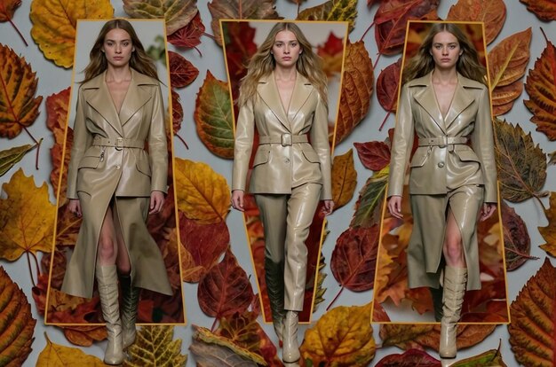 A collage showcasing outfit ideas for different body shapes using the trending colors of Autumn 2025. Each outfit idea is tailored to flatter specific body types, such as A, V, H, and 8.