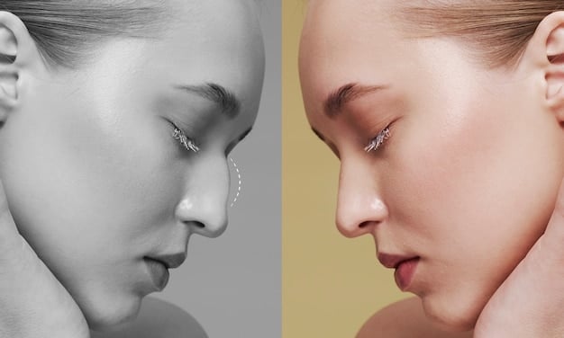 A split image showing the before and after of a woman's face after applying a nude makeup look. The