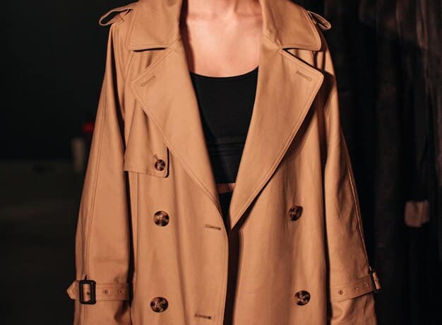 A close-up shot of a classic French wardrobe, featuring a trench coat, a little black dress, a perfectly tailored white shirt, and a pair of well-fitting blue jeans. The clothing is neatly organized and the colors are mostly neutral.