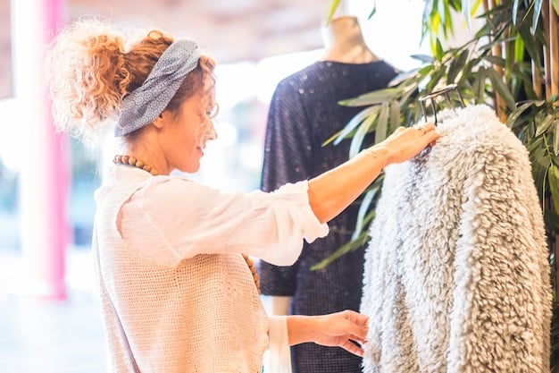 A person choosing sustainable clothing options in a well-lit, minimalist clothing store. Focus on natural fabrics and ethical brands.