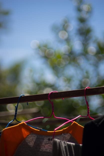 Clothes hanging on a clothesline in a backyard on a sunny day. A gentle breeze is visible, and the focus is on the clothes drying naturally.
