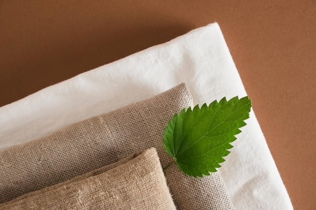 A close-up shot of various eco-friendly fabrics, including organic cotton, recycled polyester, and hemp, showing their textures and sustainable qualities. Labels indicate the origin and environmental benefits of each material.