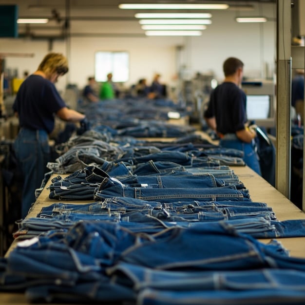 A brightly lit workshop with skilled artisans working on denim jeans. The focus is on the sewing machines and the meticulous process of crafting durable, sustainable jeans, highlighting the 'made in France' aspect.