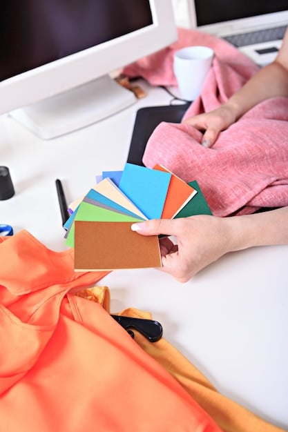 A close-up shot of various fabric swatches and design tools being used to customize a Shein garment on a digital tablet, highlighting the personalization options available to customers.