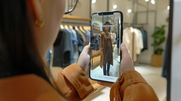 A woman using her smartphone to virtually try on a Shein outfit using augmented reality, with the potential purchase seamlessly overlaid on her image.