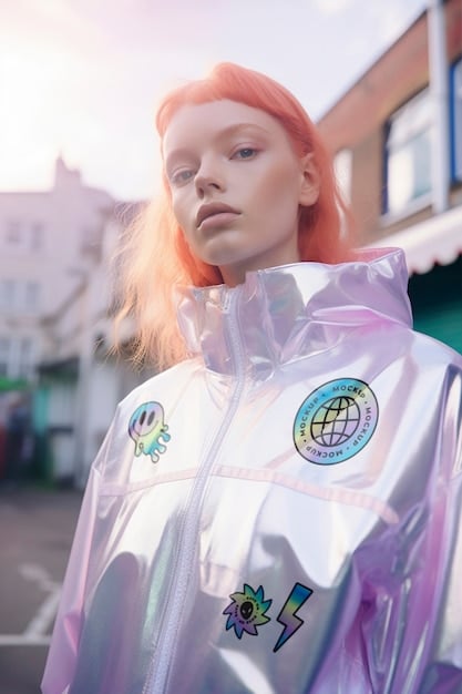 Close-up shot of a model wearing a Shein collaboration outfit, featuring a futuristic design with metallic accents and geometric patterns. The model is wearing bold makeup and has a confident expression, highlighting the innovative and fashion-forward nature of the collaboration. The background is minimalistic and dark, focusing the attention on the outfit and the model's features.
