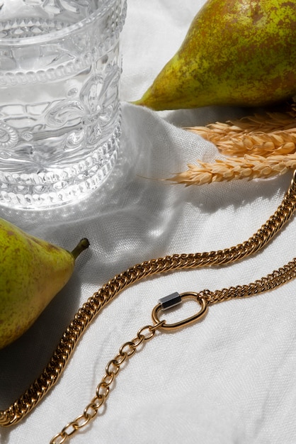 A close-up studio shot of Shein's elegant jewelry, featuring delicate necklaces, sparkling bracelets, and sophisticated rings, arranged on a velvet display. The image highlights the fine detailing and high-end appearance of the jewelry.