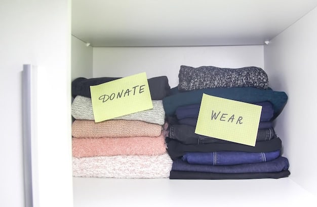 A medium shot of various Shein clothing items neatly folded on a shelf, with labels indicating proper washing instructions. The scene is bright and inviting, emphasizing organization and garment care.