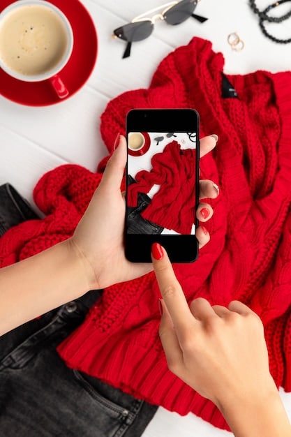 Close-up shot of a French fashion influencer showcasing a Shein outfit on her Instagram feed, focusing on the details and textures of the clothing.