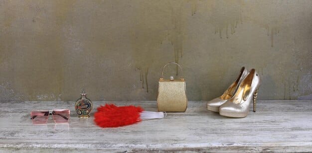 A well-organized shelf displaying a variety of trendy accessories from Shein, including minimalist jewelry, stylish handbags, and bold footwear, with a focus on textures and colors.