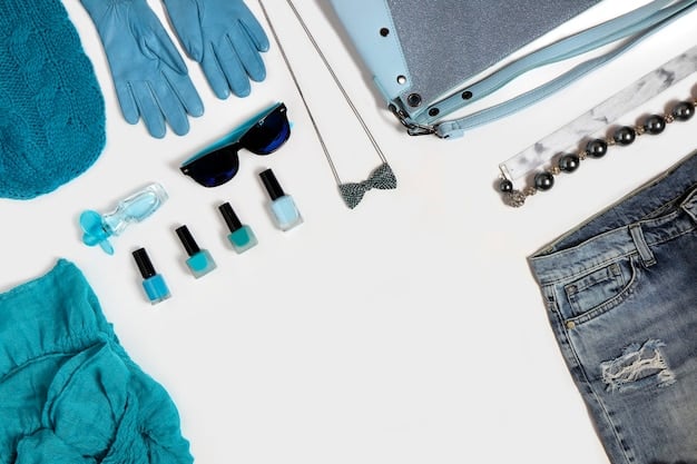 A flat lay arrangement of the 10 essential items for a Shein capsule wardrobe: a black blazer, a white t-shirt, a denim jacket, a pair of black trousers, a beige knit sweater, a black pencil skirt, a white button-down shirt, a pair of sneakers, a pair of ankle boots, and a versatile dress.