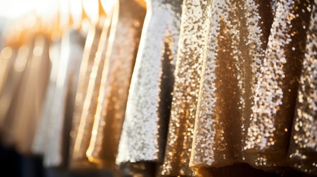 A close-up shot of various Shein dresses with sequins, glitter, and metallic fabrics, displayed on hangers against a festive background.