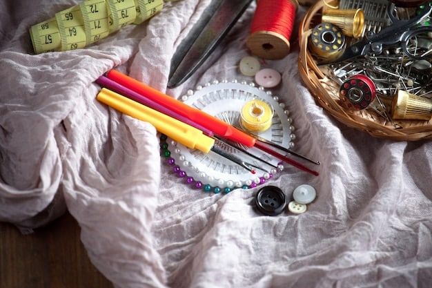 A close-up shot of various sewing tools arranged on a wooden table, including measuring tape, scissors, seam ripper, thread spools in various colors, needles, safety pins, fabric scissors, and a few colorful buttons, all neatly organized and well-lit.