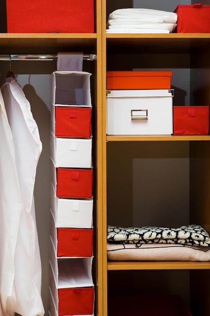 A closet with various storage solutions like hanging organizers, shelf dividers, and stackable storage boxes.