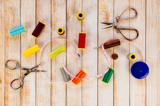 A photo showing various sewing supplies arranged on a wooden table, including needles, different colored threads, buttons of various sizes, scissors, a measuring tape, and a seam ripper.