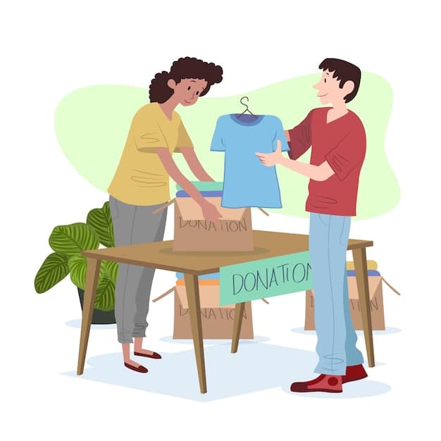 A collection point at a local charity, with volunteers sorting donated clothing, including items from different brands. The scene is well-organized and reflects a positive and helpful environment.