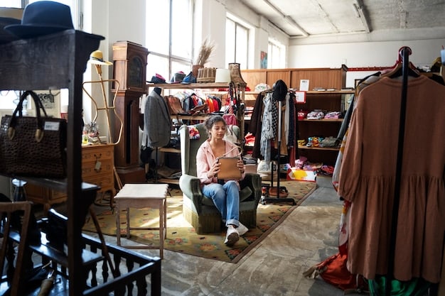 Interior of a well-stocked thrift store, with racks of clothing organized by color and type. Shoppers are browsing, creating a vibrant and sustainable shopping atmosphere.