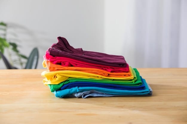 A stack of neatly folded, brightly colored Shein T-shirts, highlighting the goal of keeping clothes looking new and vibrant after repeated washes.