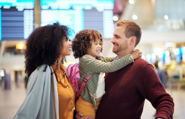 A family hugging at an airport, symbolizing the joy and relief of family reunification through the Canadian immigration system.