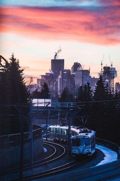 A cityscape view of Vancouver, Canada, with electric buses driving along the street, surrounded by modern buildings and green trees. The focus is on displaying how cities integrate their public transport with renewable power sources, contributing to a greener urban environment. Dusk lighting is used to highlight the city's eco-friendly infrastructure as part of the nation's larger renewable energy plans.