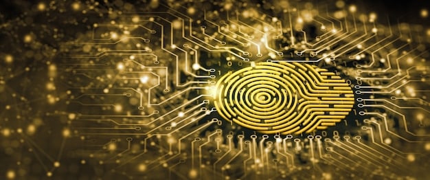 A digital graphic showing gears interlocking with a fingerprint, symbolizing the integration of technology and personal data, and highlighting data security and privacy compliance.
