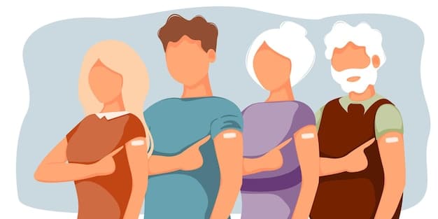 A collage showing various demographics of people getting vaccinated: a young adult, an elderly person, and a child with their parent, all receiving vaccinations from healthcare professionals.