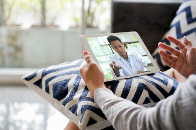 A doctor is conducting a virtual consultation with a patient using a tablet. The patient is smiling and engaged, demonstrating the positive impact of telemedicine on healthcare access.