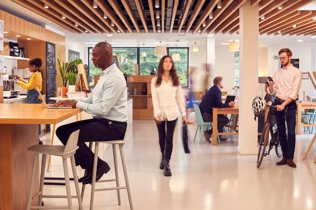 A modern office space with diverse professionals collaborating on a project. The atmosphere is dynamic and innovative, with people working on computers, discussing ideas, and presenting on large screens. The office design is open and collaborative, fostering teamwork and creativity.