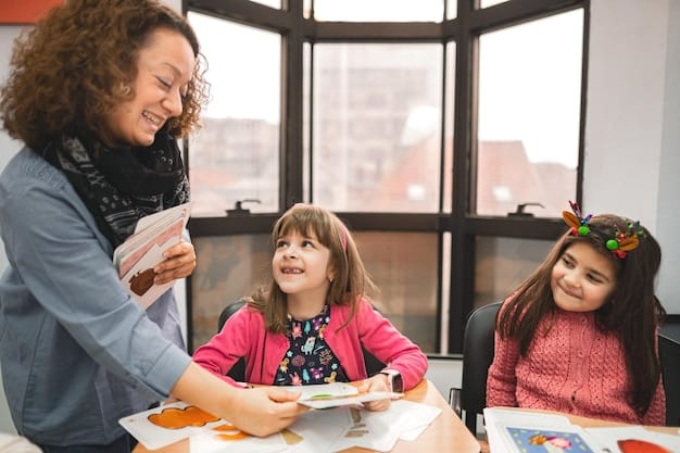 . A female teacher is joyfully explaining a concept to a group of eager children in a classroom. The scene emphasizes the gratification and fulfillment found in education, highlighting the significance of creating a positive and stimulating learning environment. The interaction between the teacher and students exudes happiness and active engagement.