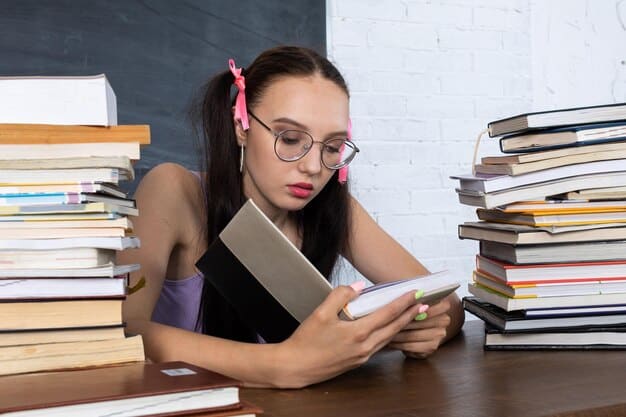 A student looking overwhelmed by textbooks and notes, symbolizing the intense workload in preparatory classes.