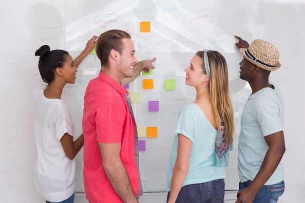 A group of people collaborating around a digital whiteboard, brainstorming ideas and problem-solving. The atmosphere is energetic and innovative, emphasizing teamwork and creative thinking.