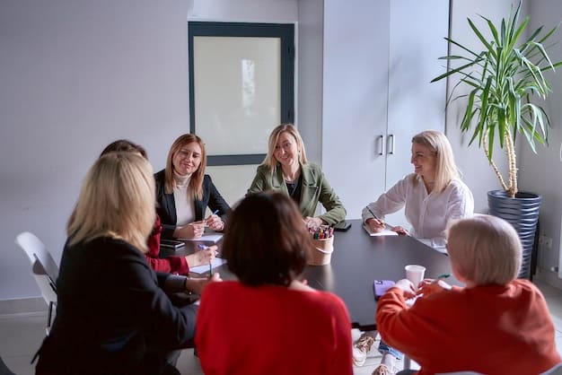 A confident woman giving a presentation in French to a small group in a co-working space in a Montreal neighborhood, Canada. Her body language is open and engaging, suggesting effective communication skills.
