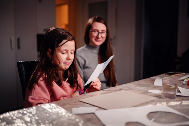 A parent filling out a government form at a desk, focused on the details, with a child playing quietly nearby.