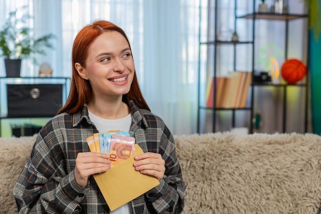 A close-up of a French resident holding a check for 1000 euros, with a background of a comfortable living room. The person is smiling, conveying a sense of relief and gratitude.