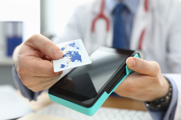 A close-up of a French social security card (carte vitale) being swiped in a doctor's office card reader. The setting is clean and modern, highlighting access to healthcare.