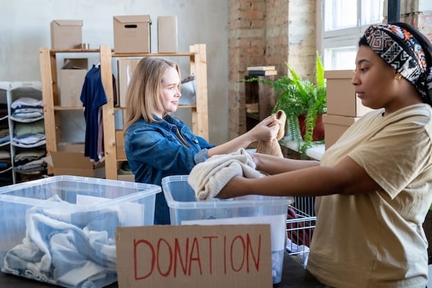 A photograph of volunteers sorting donated clothing and household items in a warehouse, with shelves filled with various goods, emphasizing the concept of in-kind donations and community support. The atmosphere is bright and organized.