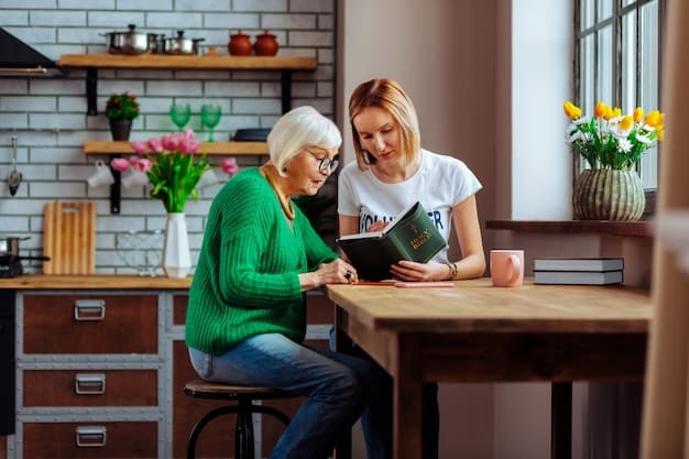 A friendly social worker is visiting an elderly woman in her home, discussing paperwork while the woman smiles comfortably.